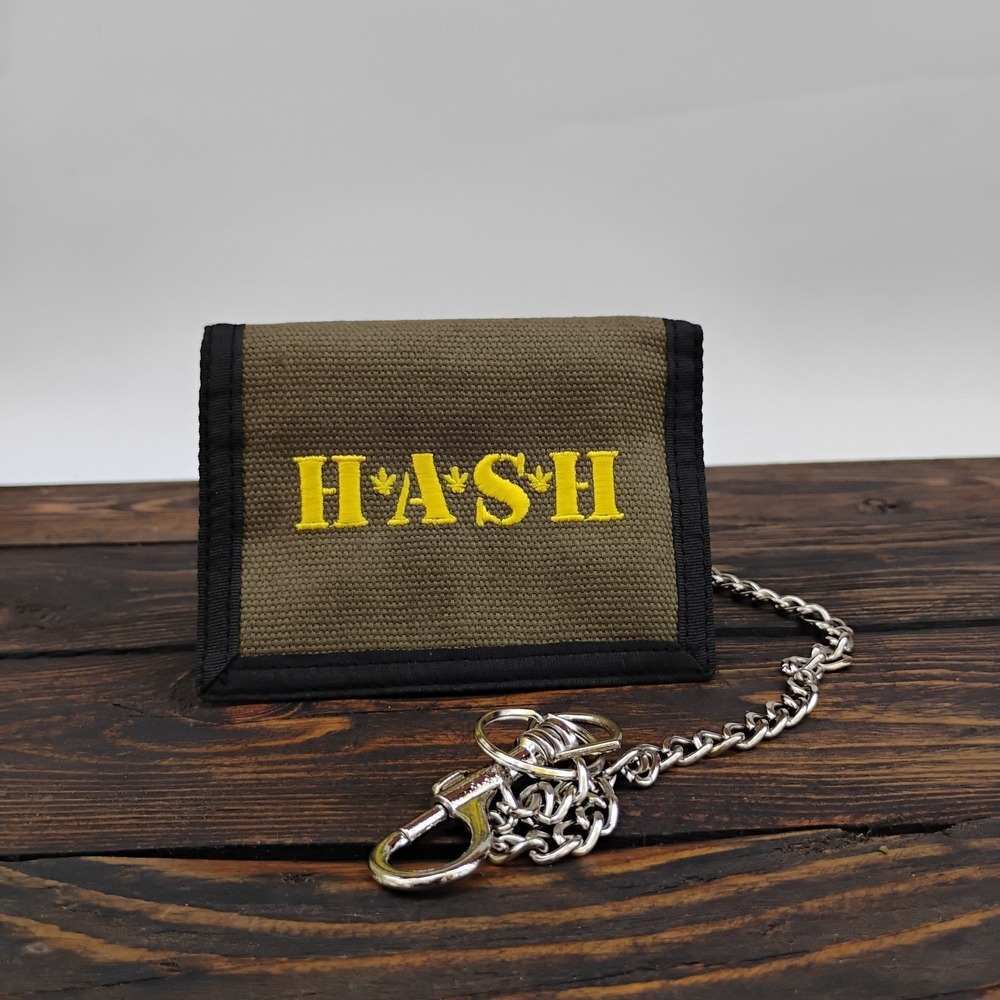 THC Khaki HASH Hook and Loop Embroidered Fabric TriFold Wallet With Chain